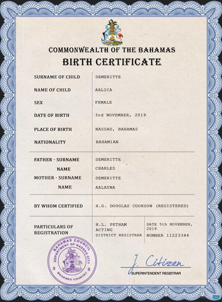 Download Bahamas vital record birth certificate PSD template Photoshop template